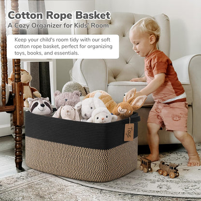 Goodpick Woven Storage Basket, Cotton Rope Basket for Dog Toys, Books, Stylish Gift Basket with Handles, 13 x 10 x 9 Inches Square Baskets for Organizing, Brown and White