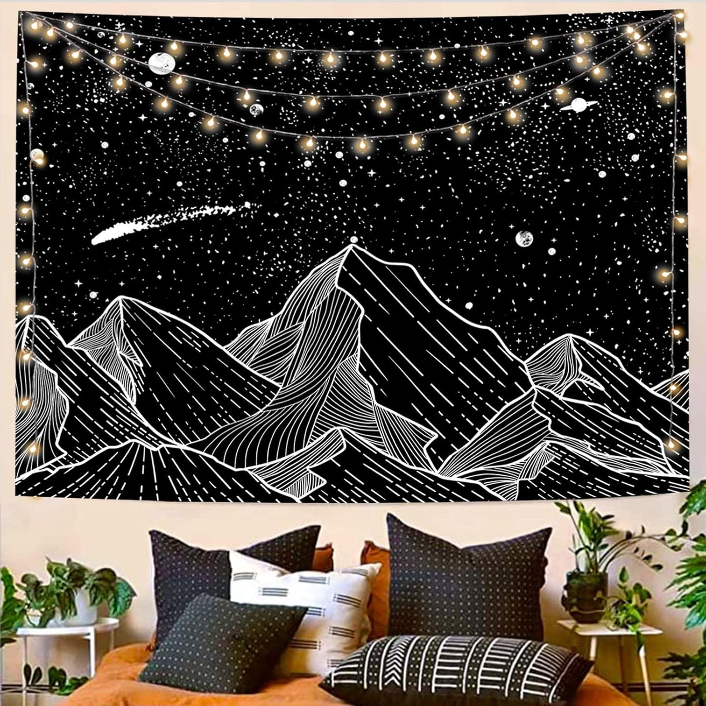 Zussun Black and White Tapestry Starry Night Mountain Tapestries for Bedroom Aesthetic Moon and Stars Tapastry's Wall Hanging Dark Nature Forest Wall Tapestry for Living Room Dorm (48'' × 36'')