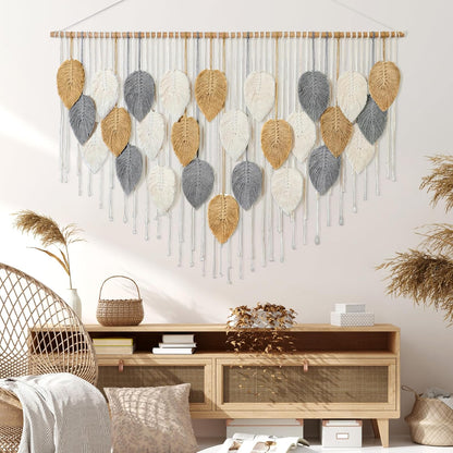 KHOYIME Large Macrame Wall Hanging Boho Woven Tapestry, Chic Home Decor Modern Bohemian Handmade Leaf Feather Wall Art Decorations for Apartment Dorm Living Room Bedroom Nursery Backdrop 39"W X 29.5"L