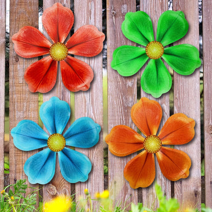 Giyyomtr Metal Flowers Wall Decor - 4pcs 6.2'' Metal Wall Art Hanging Decorations for Outdoor Fence Garden Yard Patio Exterior Wall Decor