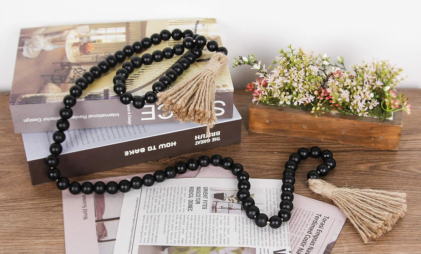 58in Wood Bead Garland with Tassels, Farmhouse Rustic Country Decor Prayer Boho Wall Hanging Decoration (Nature)
