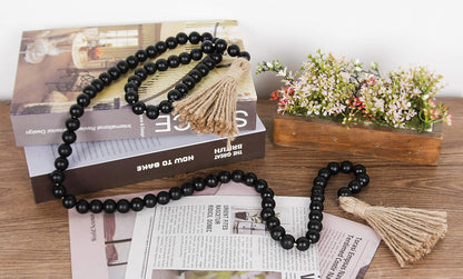 58in Wood Bead Garland with Tassels, Farmhouse Rustic Country Decor Prayer Boho Wall Hanging Decoration (Nature)