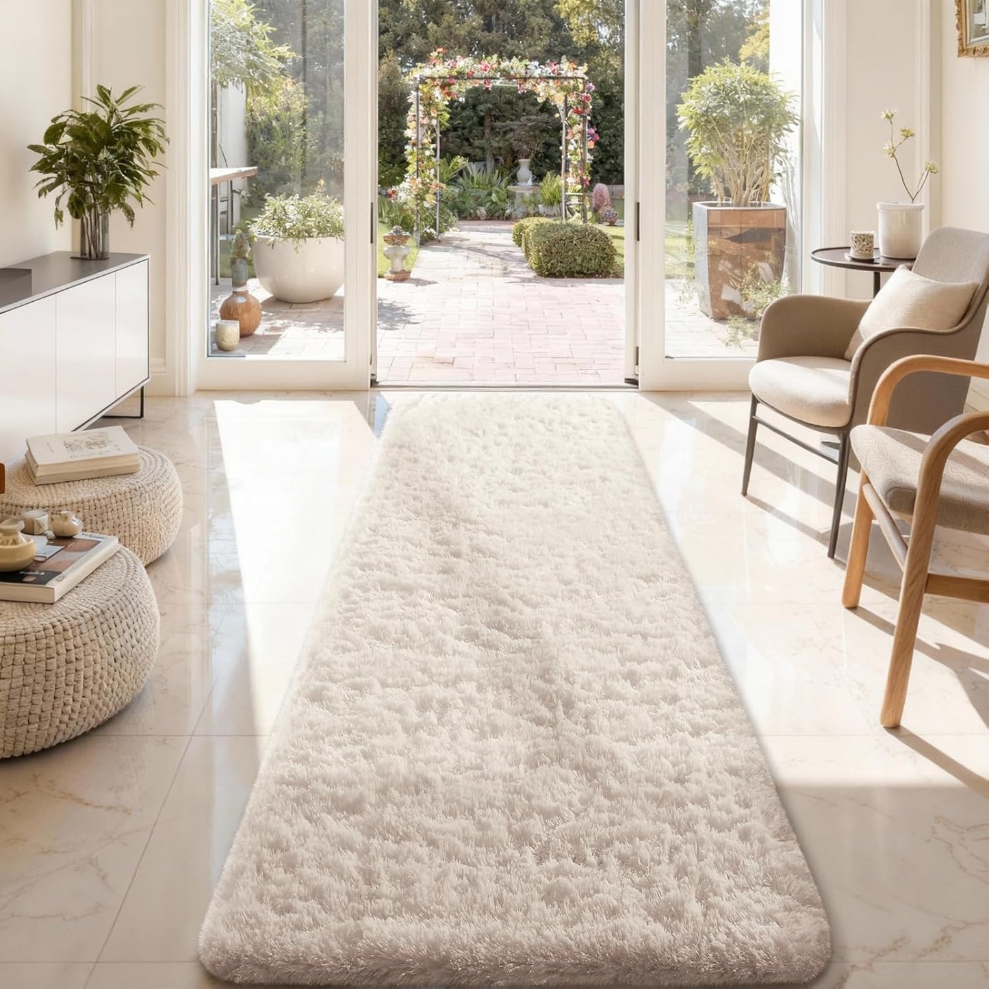 Ophanie Round Rugs 5Ft Ivory Circle Area Rug, Nursery Room Decor, Christmas Aesthetic Bedroom Home Circular Carpet 5 Foot, Fluffy Fuzzy Shag Plush Cream Living Room Rugs for Kids Boys Girls Teen Baby