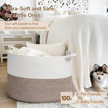 INDRESSME XXXLarge Blanket Basket for Living Room 21.7" x 21.7" x 13.8"-Storage Basket with Handle for Organizing Toy Pillows Woven Cotton Rope Laundry Basket Stuffed Animal Toy Storage for Play Room