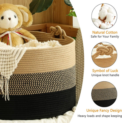 KAKAMAY Large Blanket Basket (20"x13"),Woven Baskets for storage Baby Laundry Hamper, Cotton Rope Blanket Basket for Living Room, Laundry, Nursery, Pillows, Baby Toy chest (White/Brown)
