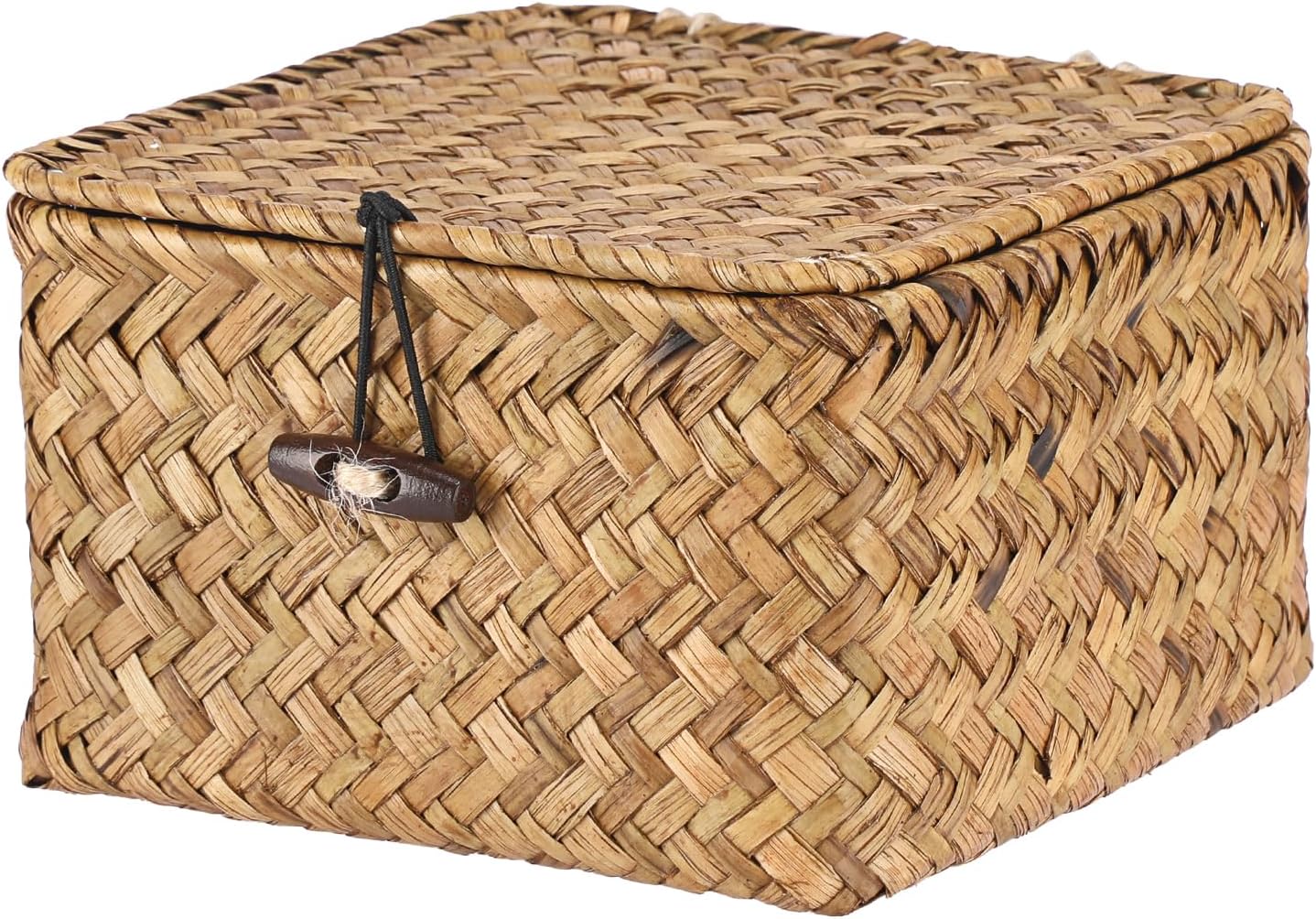 Hipiwe Seagrass Basket with Lid Wicker Storage Basket Square Handwoven Decorative Baskets Box for Shelf Multipurpose Household Baskets Home Decor,X-small