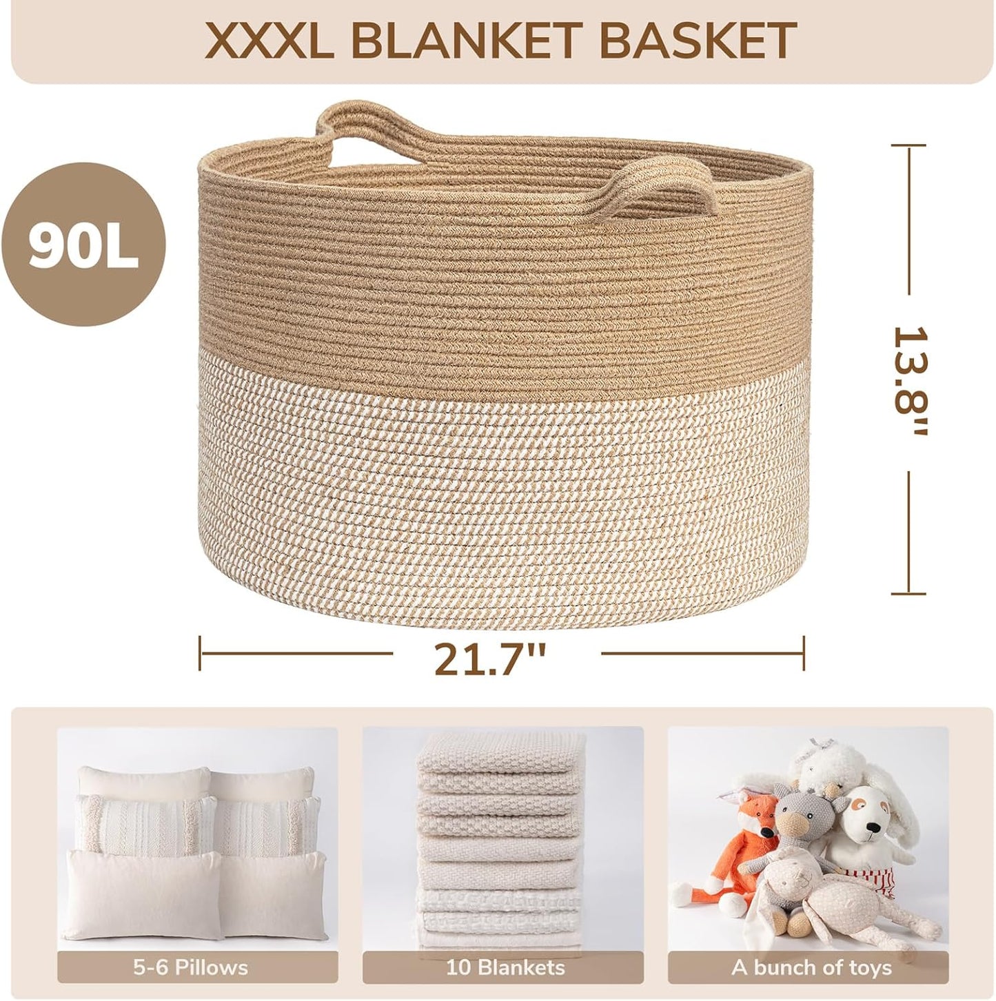 INDRESSME XXXLarge Blanket Basket for Living Room 21.7" x 21.7" x 13.8"-Storage Basket with Handle for Organizing Toy Pillows Woven Cotton Rope Laundry Basket Stuffed Animal Toy Storage for Play Room
