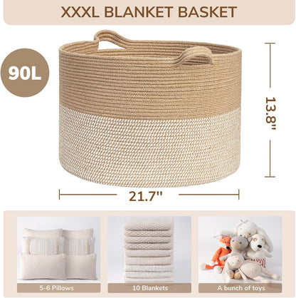 INDRESSME XXXLarge Blanket Basket for Living Room 21.7" x 21.7" x 13.8"-Storage Basket with Handle for Organizing Toy Pillows Woven Cotton Rope Laundry Basket Stuffed Animal Toy Storage for Play Room