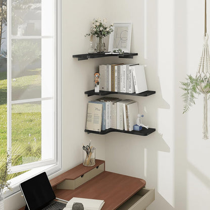 Homode Corner Floating Shelves, Set of 3 Corner Wall Shelves with Wire Hole, L-Shaped Wood Hanging Storage Shelf for Wall Decor, for Bathroom Kitchen Bedroom, White