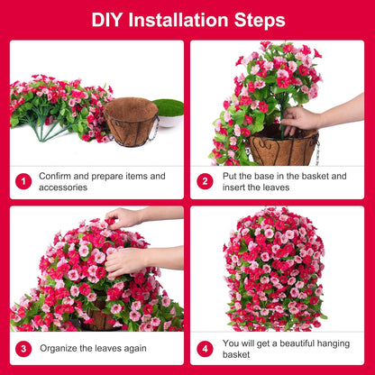 INXUGAO Artificial Flowers with Hanging Basket, Outdoor Faux Plants Silk Morning Glory Vines, Fake Green Arrangement for Garden Patio Spring Summer Decor(4pcs,Darkorchid)