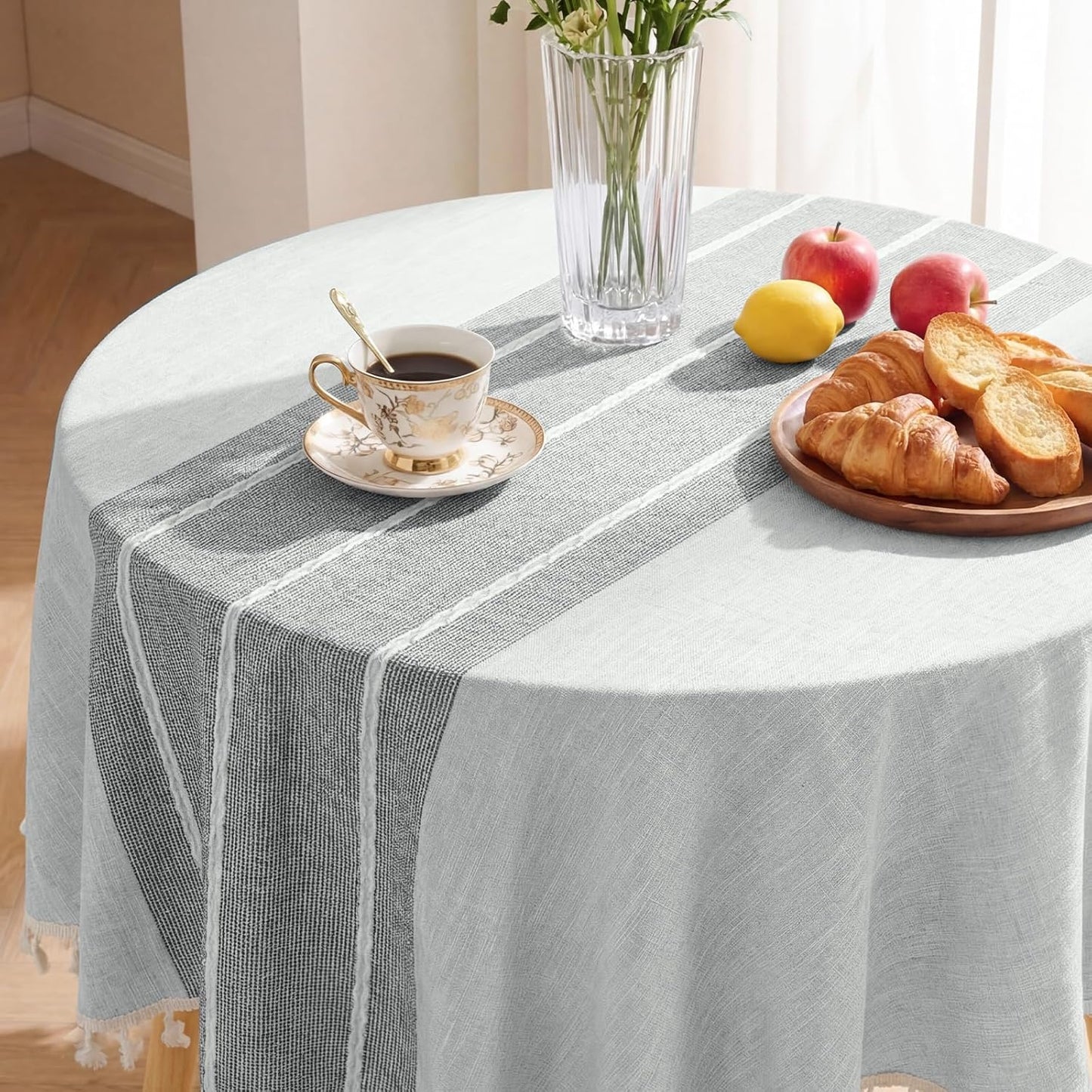 Softalker Outdoor Tablecloth Rectangle, Waterproof Linen Cotton Farmhouse Table Cloths with Tassel, Heavy Weight Wrinkle Free Boho Table Cover for Picnic Camping Dining - 55 x 70 Inch, Coffee Lines