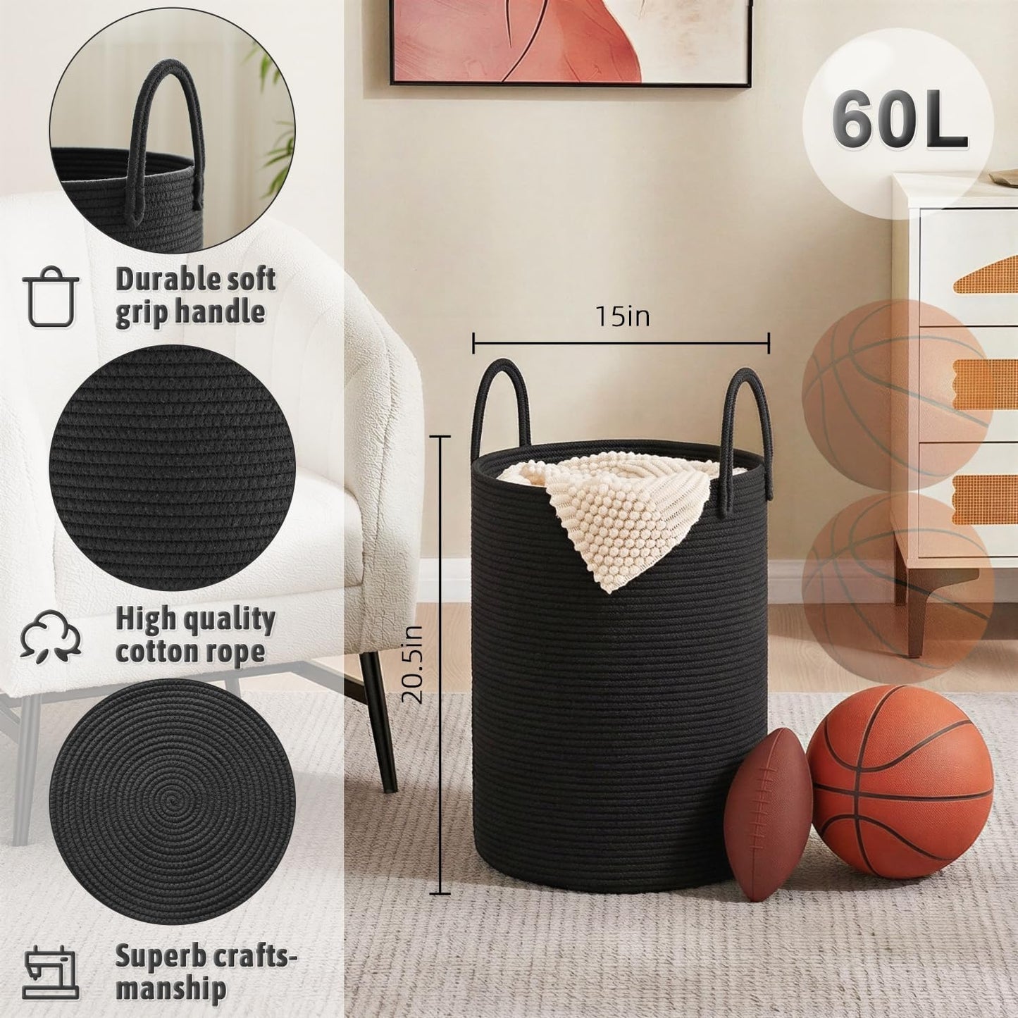 Artfeel Laundry Basket,Woven Cotton Rope Laundry Hamper,60L for Decor Storage of Dirty Clothes,Toys and Blankets in Bathroom,Baby Room and Living Room