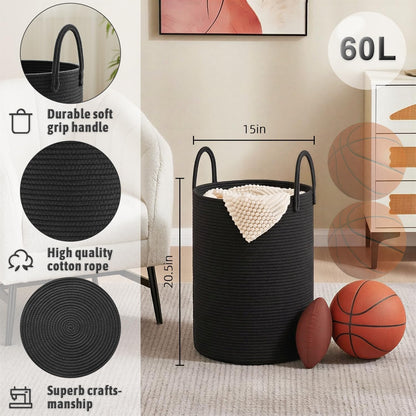 Artfeel Laundry Basket,Woven Cotton Rope Laundry Hamper,60L for Decor Storage of Dirty Clothes,Toys and Blankets in Bathroom,Baby Room and Living Room
