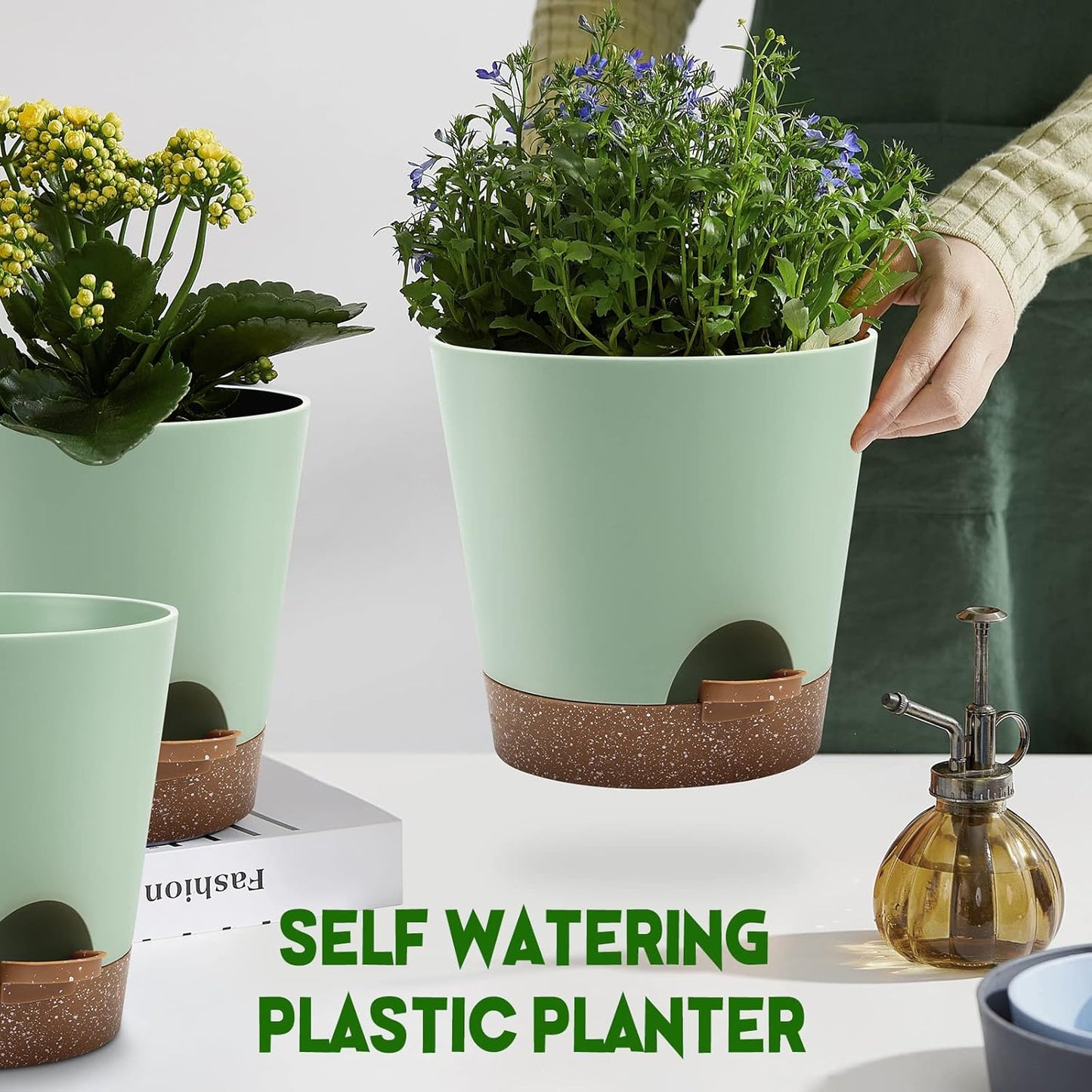YNNICO Indoor Self Watering Planters with Drainage Holes and Saucers, 8, 7, 6.5, 6, 5.5, 5 Inches, Black, 6 Pots