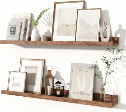Fun Memories Picture Ledge Shelves Set of 2, 32 Inch Rustic Wall Mounted Floating Shelves with Lip for Home Storage and Décor in Bathroom, Kitchen, Nursery, Bedroom, Living Room, Walnut