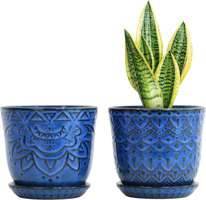 Gepege 6 Inch Beaded Ceramic Planter Set of 2 with Drainage Hole and Saucer for Plants, Indoor-Outdoor Large Round Succulent Orchid Flower Pot (Smoked Gray, Inner-pots not Larger Than 5 Inch)