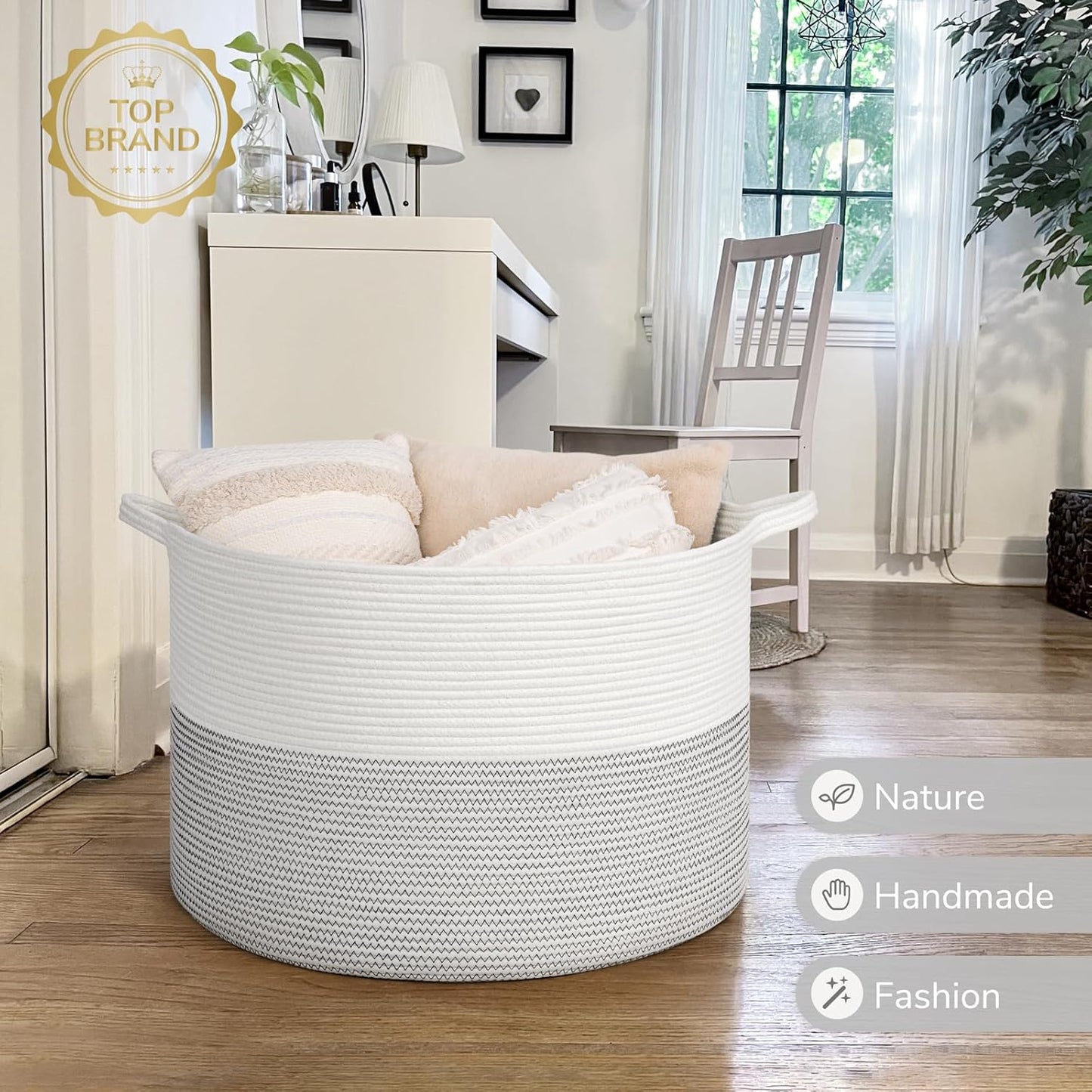 INDRESSME XXXLarge Blanket Basket for Living Room 21.7" x 21.7" x 13.8"-Storage Basket with Handle for Organizing Toy Pillows Woven Cotton Rope Laundry Basket Stuffed Animal Toy Storage for Play Room