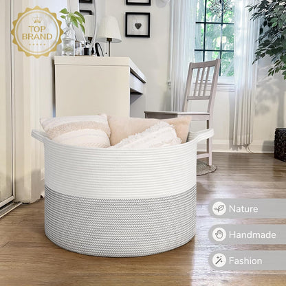 INDRESSME XXXLarge Blanket Basket for Living Room 21.7" x 21.7" x 13.8"-Storage Basket with Handle for Organizing Toy Pillows Woven Cotton Rope Laundry Basket Stuffed Animal Toy Storage for Play Room