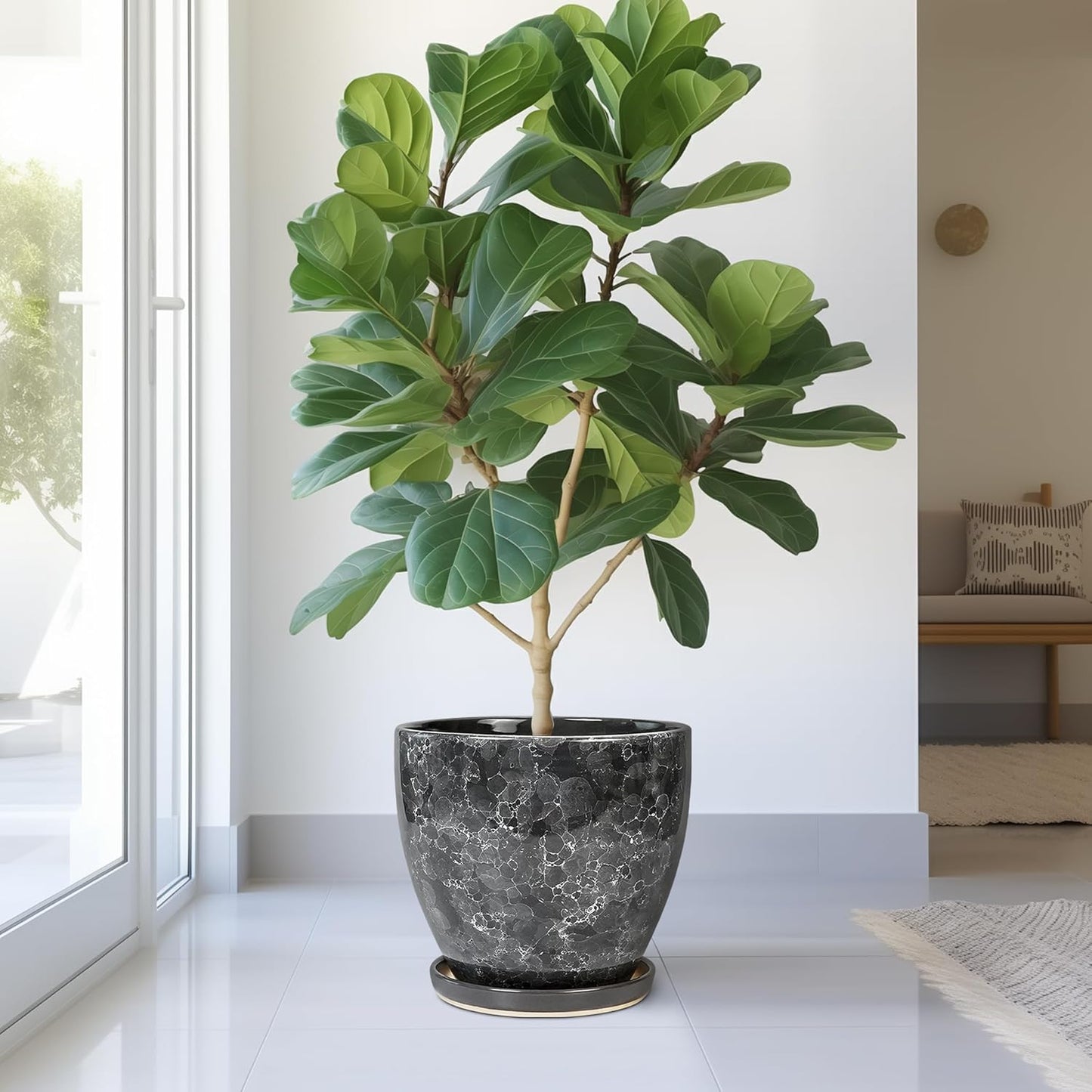 10 Inch Ceramic Planter Pot Round Plant Pot for Indoor Plants Outdoor Large Flower Pot with Drainage Hole and Saucer Blue