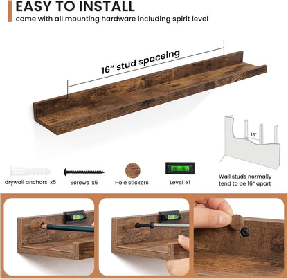 Fun Memories Picture Ledge Shelves Set of 2, 32 Inch Rustic Wall Mounted Floating Shelves with Lip for Home Storage and Décor in Bathroom, Kitchen, Nursery, Bedroom, Living Room, Walnut