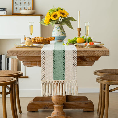 FEXIA Boho Table Runner for Thanksgiving Fall Christmas Home Decor with Tassels 72 Inches Long Pottery barn Furniture Farmhouse Rustic Macrame Burlap Table Decoration for Living Room (12x72 Inches)