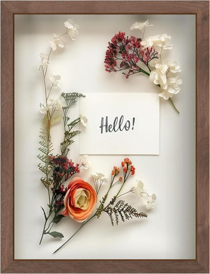FrameWorks 11” x 14” Dark Oak Wooden Shadow Box Frame – Display Case with Soft Felt Back, Memory Box with Tempered Glass, Display Box with Elegant White Ball Push Pins, Wooden Flower Box