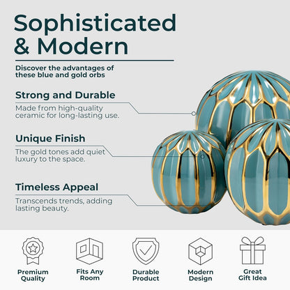 Sagebrook Home Set of 3 Blue Decorative Orbs – Stoneware & Ceramic Spheres for Home & Office Decor – Elegant Accent Pieces for Living Room, Bedroom, Coffee Table & Shelves