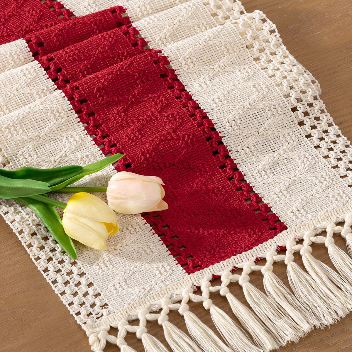 Socomi Boho Table Runner Summer Farmhouse Rustic Dining Kitchen Centerpiece Decor Small Macrame Woven Cotton Linen Coffee Table Runner for Dresser Scarf Home Decor 12x36 inch Beige
