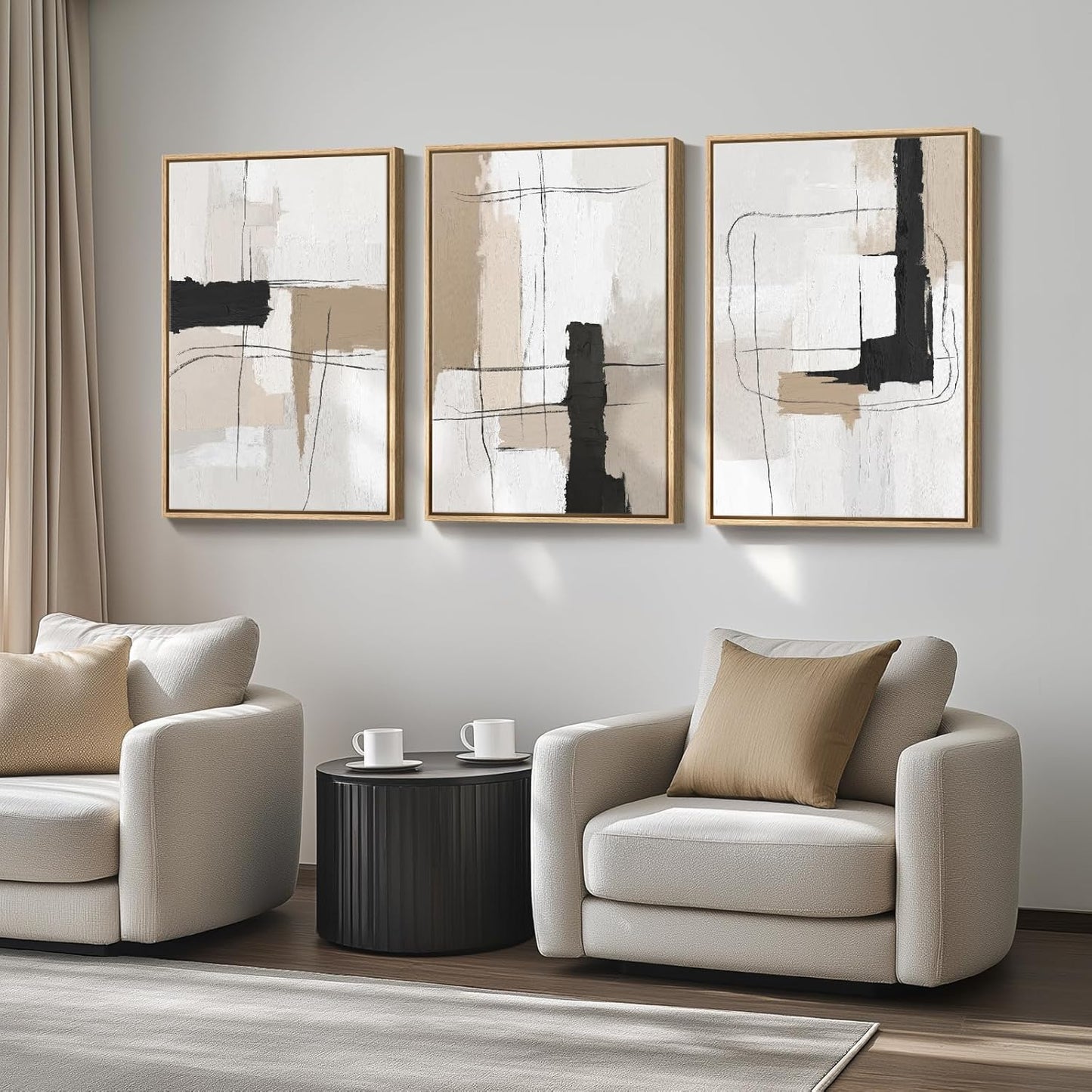 Large Framed Neutral Abstract Wall Art for Living Room, 3 Piece Modern Canvas Prints Paintings Artwork for Walls, Black and Beige Pictures for Living Room Hallway Stair Office Wall Decor 24x36 Inch