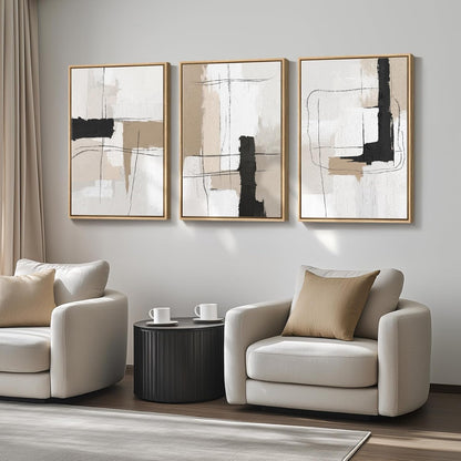 Large Framed Neutral Abstract Wall Art for Living Room, 3 Piece Modern Canvas Prints Paintings Artwork for Walls, Black and Beige Pictures for Living Room Hallway Stair Office Wall Decor 24x36 Inch
