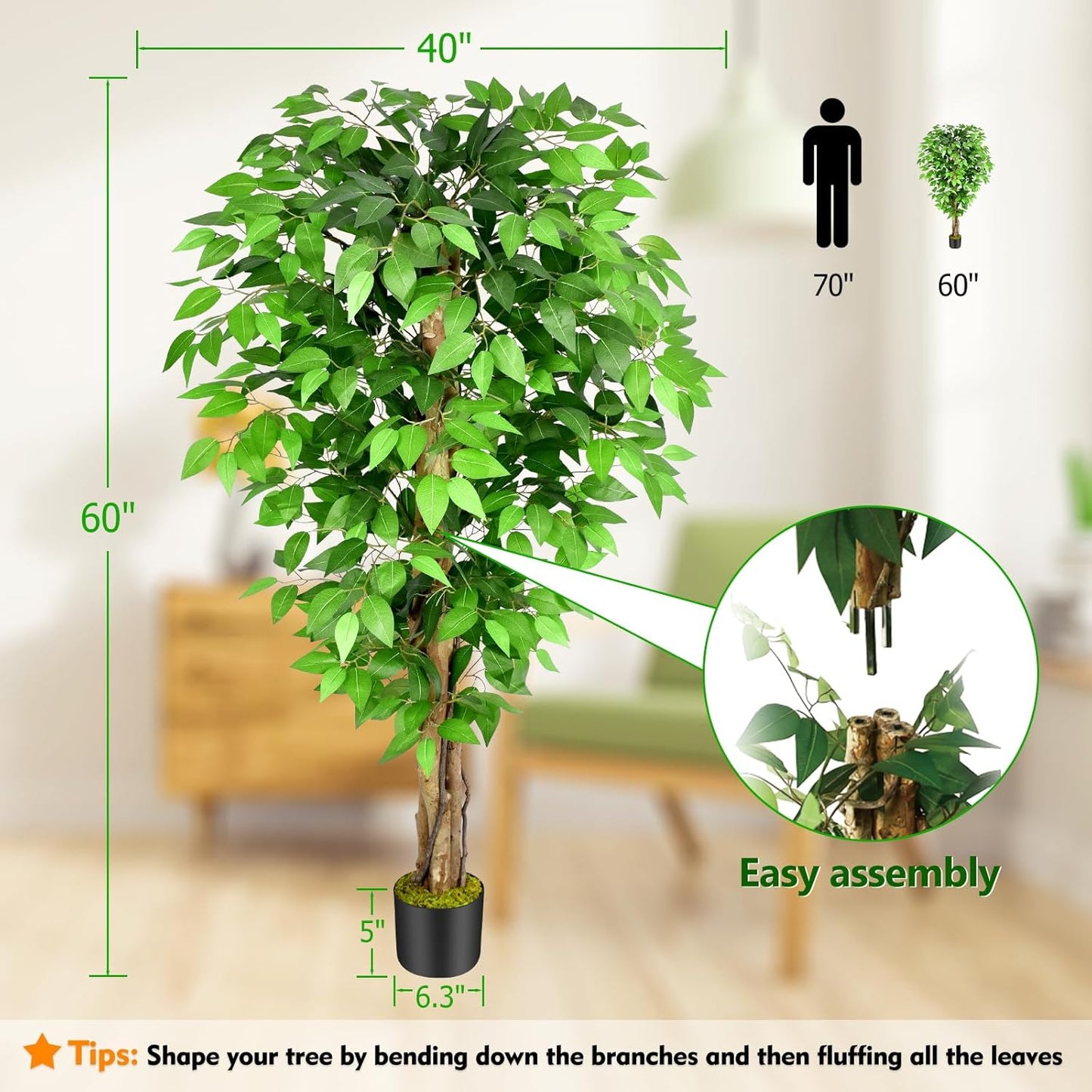 7ft Large Ficus Artificial Trees with Natural Curved Trunks, 84" Tall Lush Faux Tree for Home Decor Indoor, Green Lifelike Fake Ficus Tree Artificial Plants in Pot