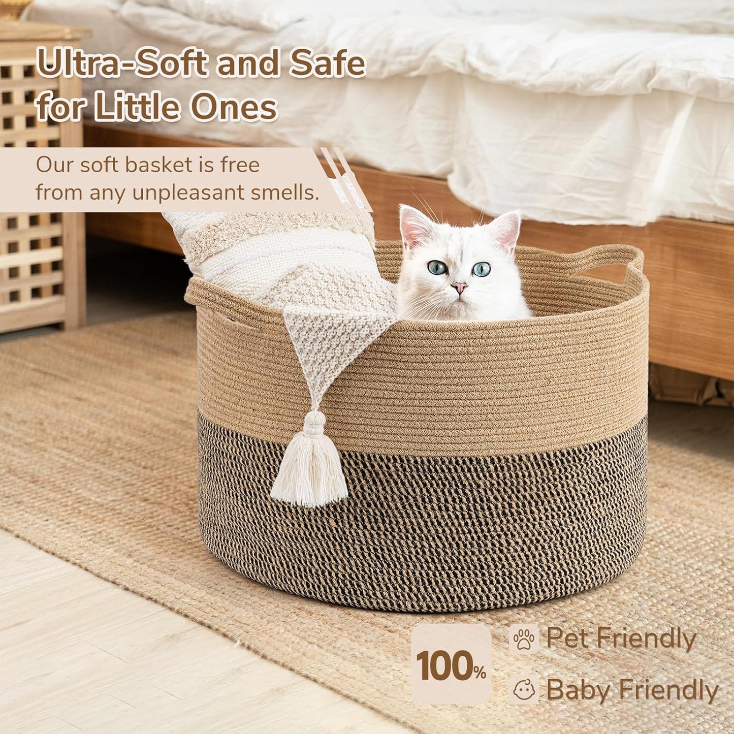 INDRESSME XXXLarge Blanket Basket for Living Room 21.7" x 21.7" x 13.8"-Storage Basket with Handle for Organizing Toy Pillows Woven Cotton Rope Laundry Basket Stuffed Animal Toy Storage for Play Room