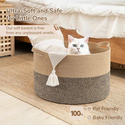 INDRESSME XXXLarge Blanket Basket for Living Room 21.7" x 21.7" x 13.8"-Storage Basket with Handle for Organizing Toy Pillows Woven Cotton Rope Laundry Basket Stuffed Animal Toy Storage for Play Room