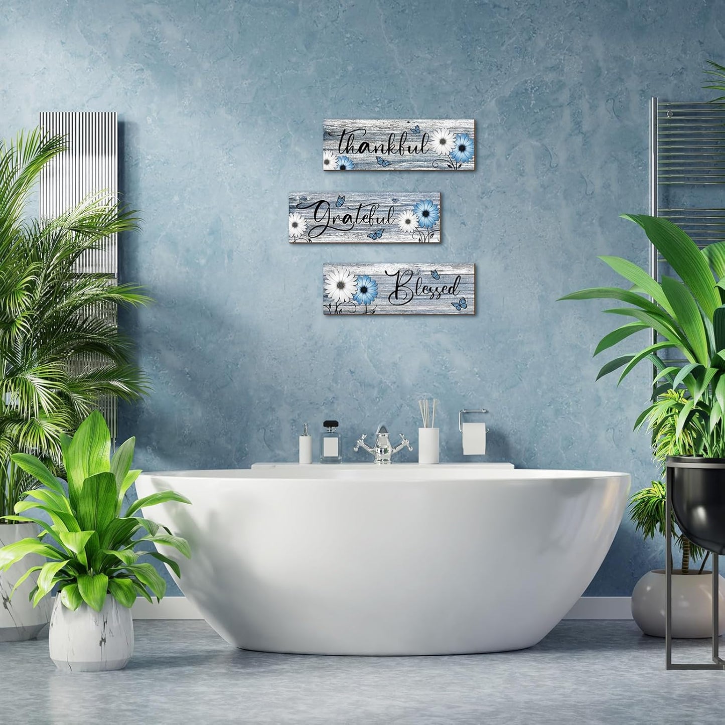 Geetery 3 Pcs Thankful Grateful Blessed Wooden Signs Rustic Daisy Wood Wall Decor Inspirational Wall Art Signs Rustic Wooden Hanging Decorations for Bedroom Kitchen Living Room Bathroom Home (Blue)