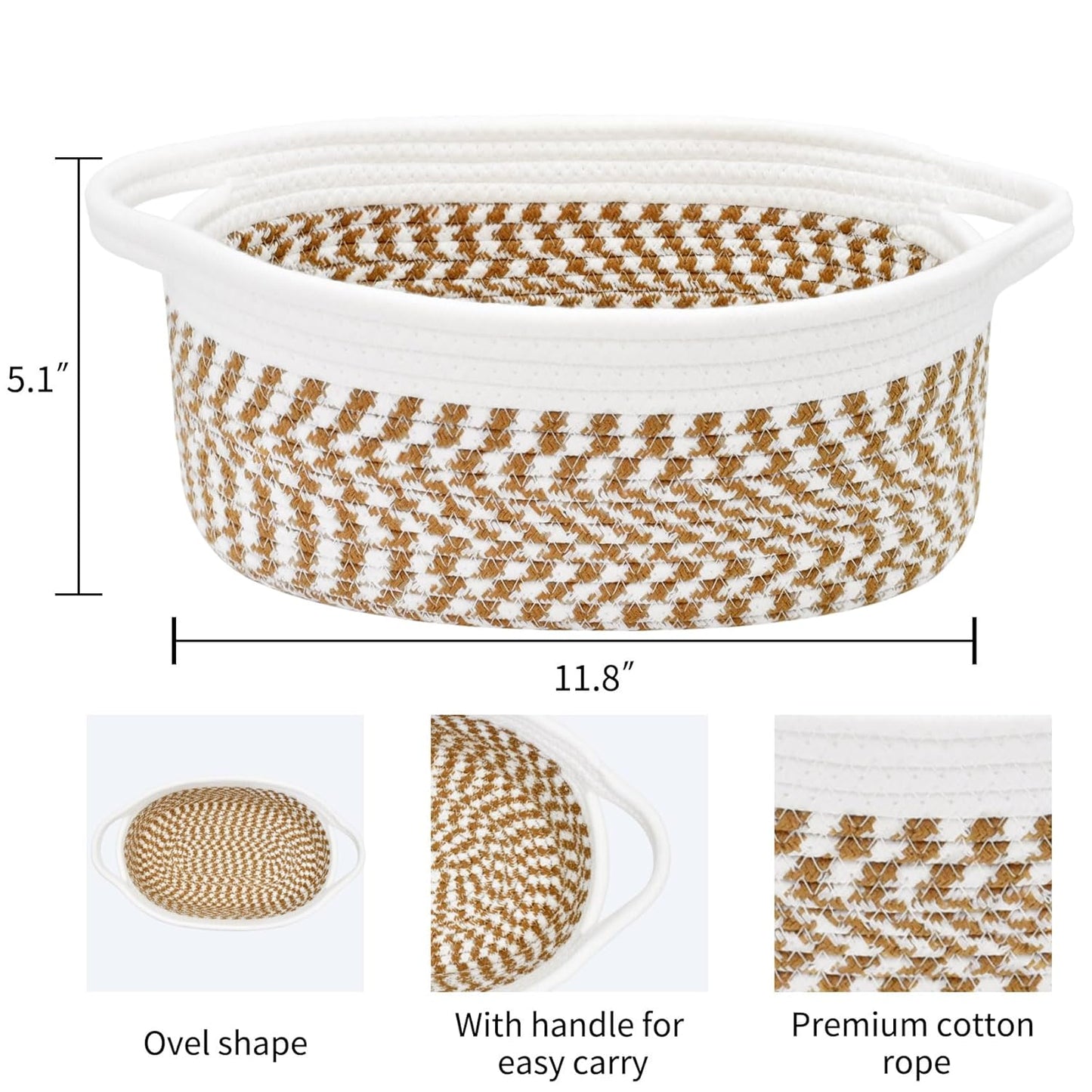 ABenkle Small Basket with Handles, Boho Decorative Rope Woven Dog Cat Toy Storage Bin Shelf Storage Organizer, Easter Christmas Gift Basket, 12"x8"x5", White