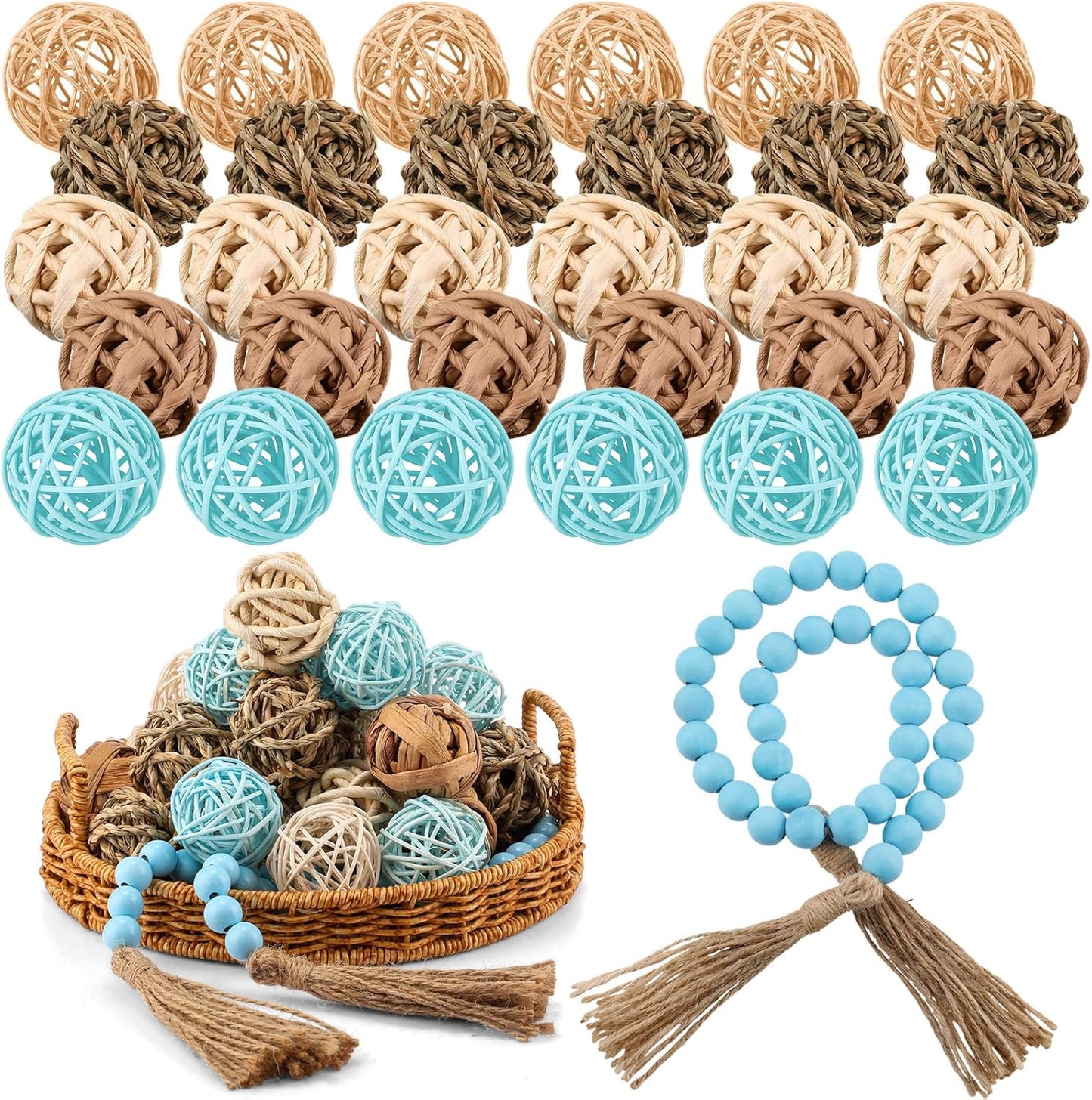 Halloscume 31 Pcs Wicker Rattan Decorative Balls with 30.3 Inch Wood Bead Garland Centerpiece Bowls Orbs Vase Fillers Wall Hanging Decor for Summer Home Farmhouse Wedding Party(Black)