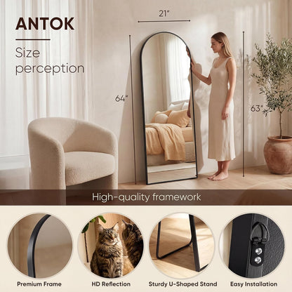Antok 71" x28” Arched Full Length Floor Mirror, Black Aluminum Frame, Free Standing/Wall Mount/Leaning for Bedroom, Living Room, Dressing Room