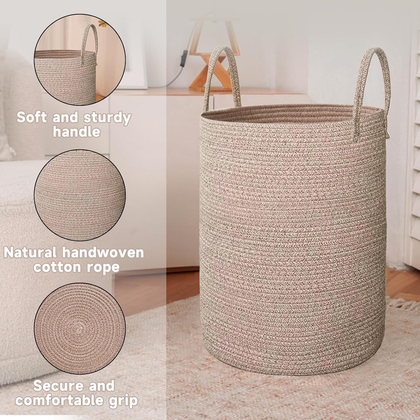 JMvicyroam Large Woven Laundry Basket Hamper,60L Cotton Rope Storage Bin for Blankets,Toys and Clothes,Decorative Tall Nursery Hamper for Living Room,Baby Nursery,Bathroom and Bedroom,Brown