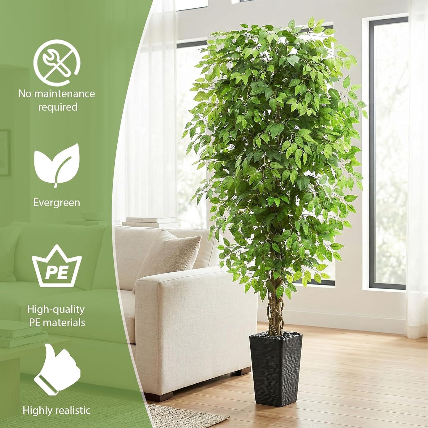 Artificial Ficus Tree 6FT Faux Plants Indoor Tall Fake Plants with White Planter, Green Lifelike Lush Fake Ficus Tree for Home Living Room Bedroom Outdoor Balcony House Office Decor