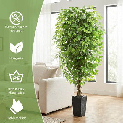 Artificial Ficus Tree 6FT Faux Plants Indoor Tall Fake Plants with White Planter, Green Lifelike Lush Fake Ficus Tree for Home Living Room Bedroom Outdoor Balcony House Office Decor