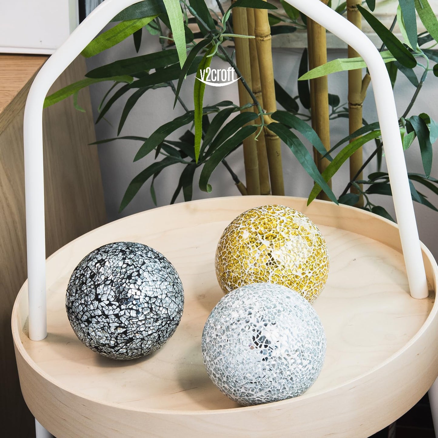 4in Decorative Mosaic Sphere Orbs Set of 3, Glass Balls for Whole Housewares,Wedding/Birthday,Bowls,Vases Dining Table Centerpieces(Silver,Black,Blue)