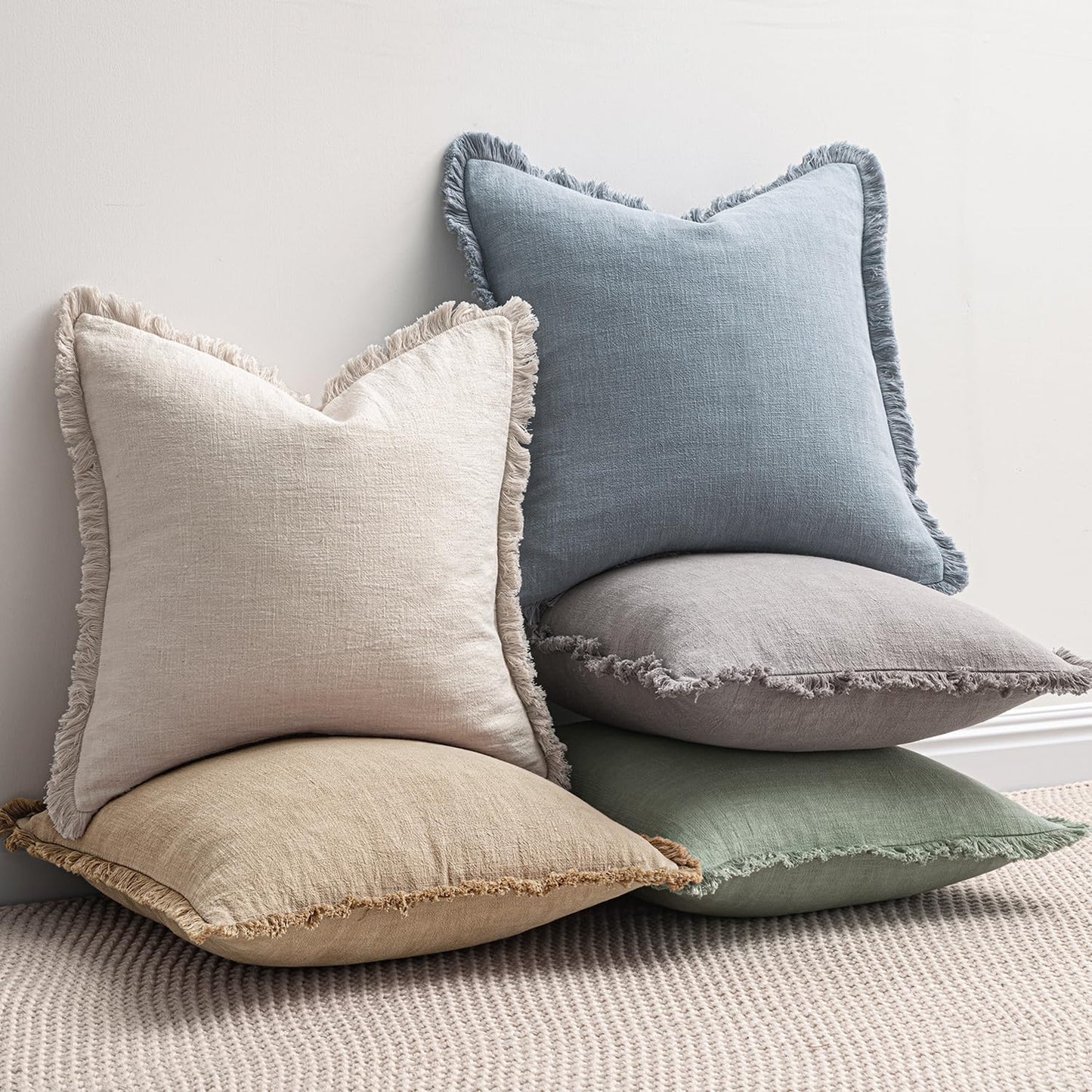 MIULEE Decorative Throw Pillow Covers Neutral Linen Fringe Throw Pillows Set of 2 Natural Beige Boho Farmhouse Cushion Covers with Tassels for Couch Sofa Bed Spring Home Decor 20x20 Inch