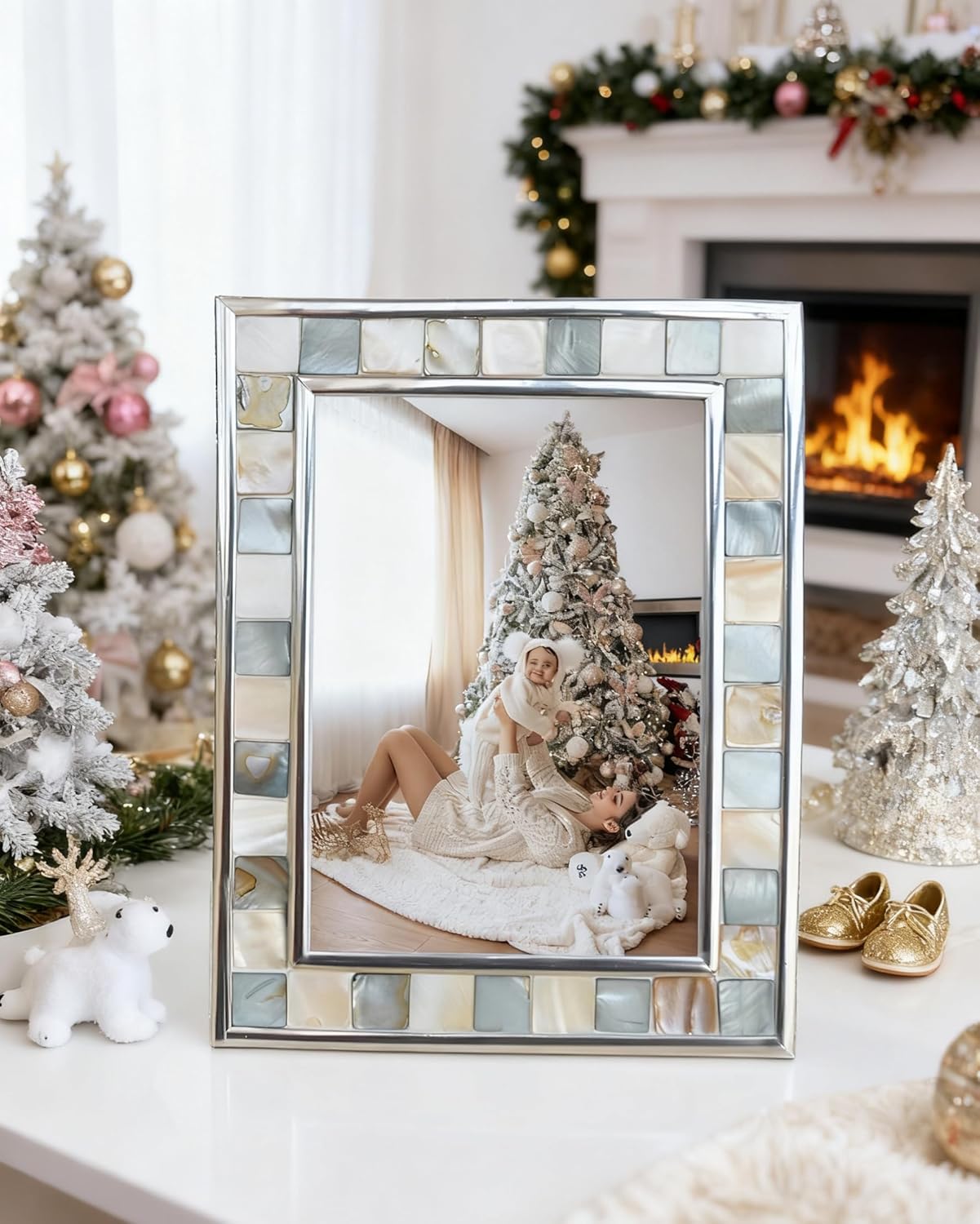 Silver Plate Picture Frame 5x7 Mother of Pearl 5 by 7 Photo Frame Mosaic Glass Tabletop Frame (Grey+ White,1pc)