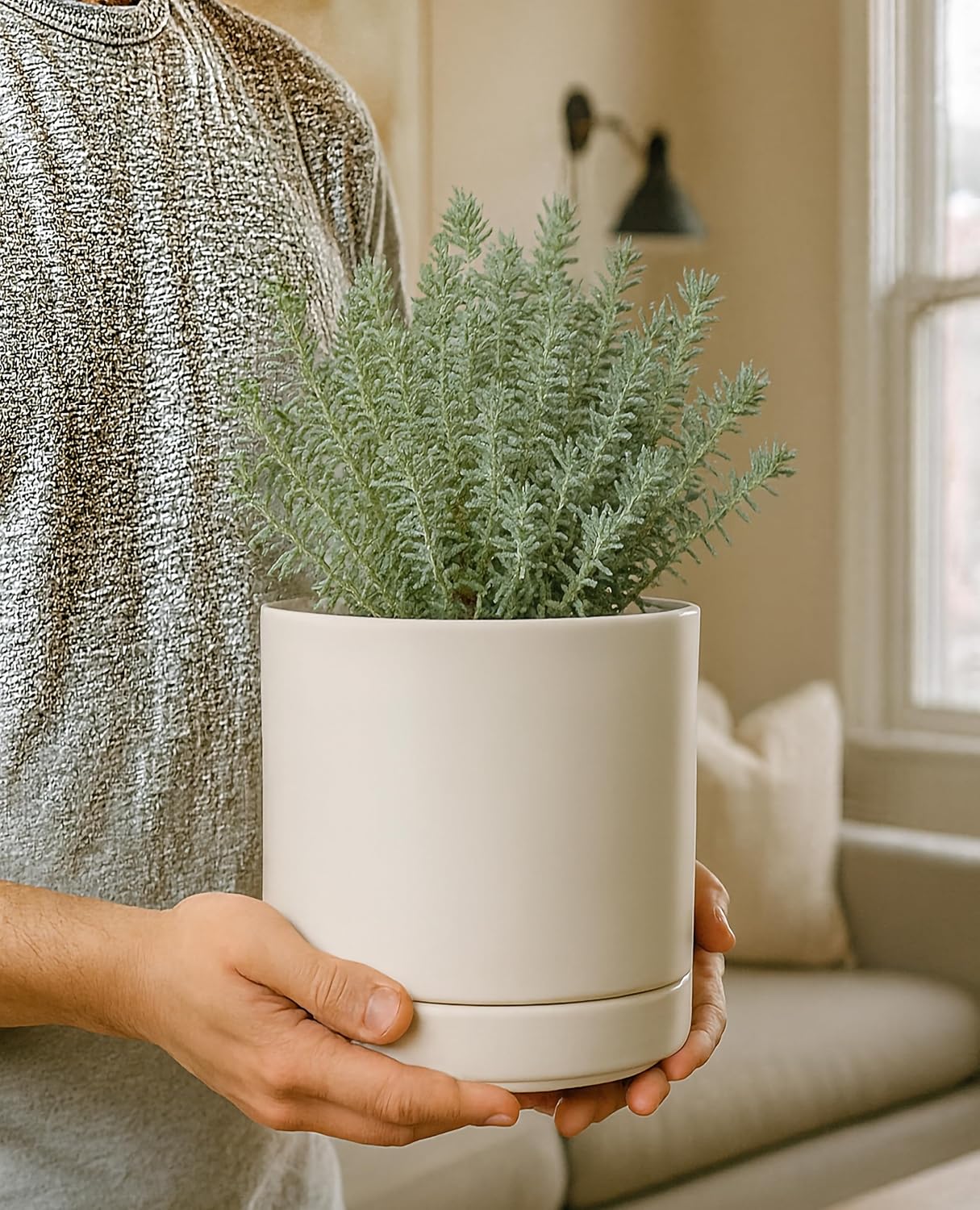 D'vine Dev 6.5 Inch Ceramic Planter Pot with Drainage Hole and Saucer, Indoor Cylinder Round Planter Pot, Olive, 94-O-C-J