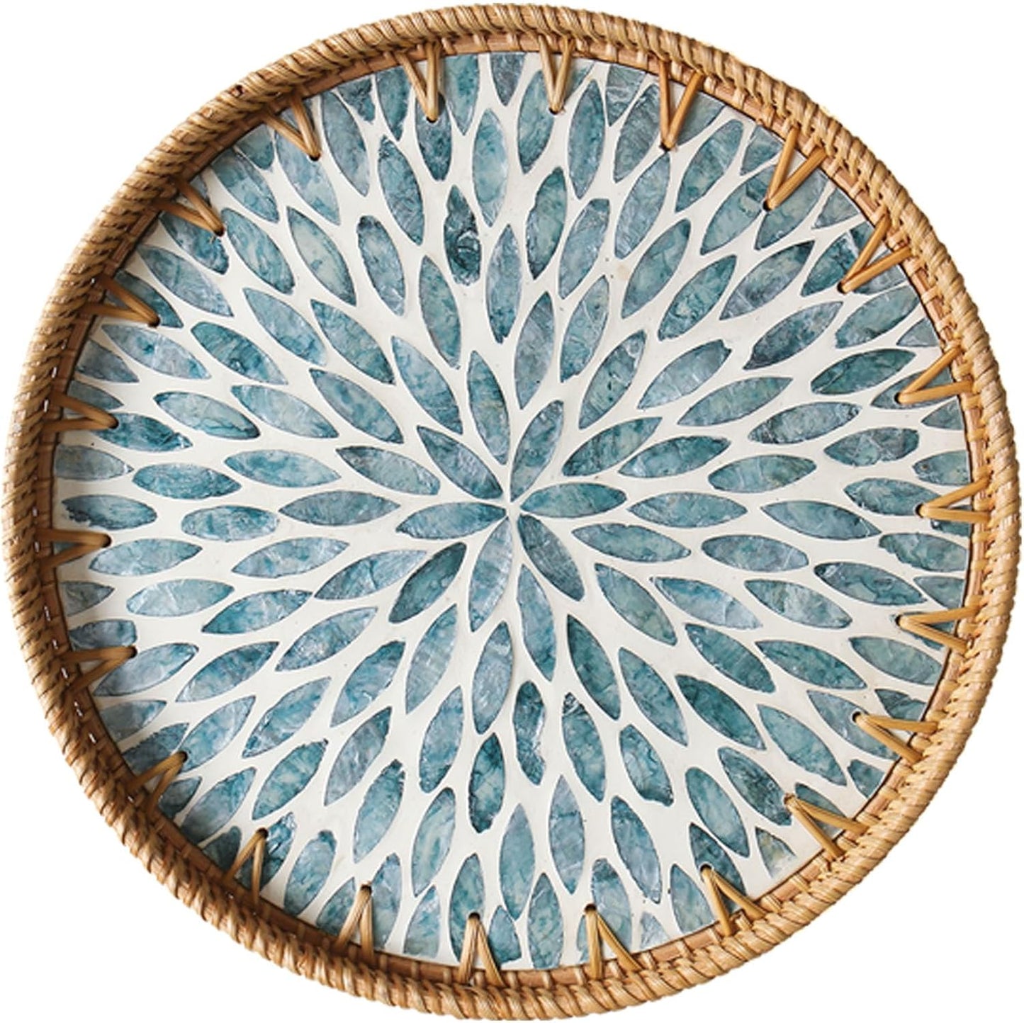 Round Rattan Tray with Mother of Pearl Inlay, Decorative Wicker Serving Tray with Wooden Base, Woven Basket Trays for Bread Fruits Coffee, Leaf