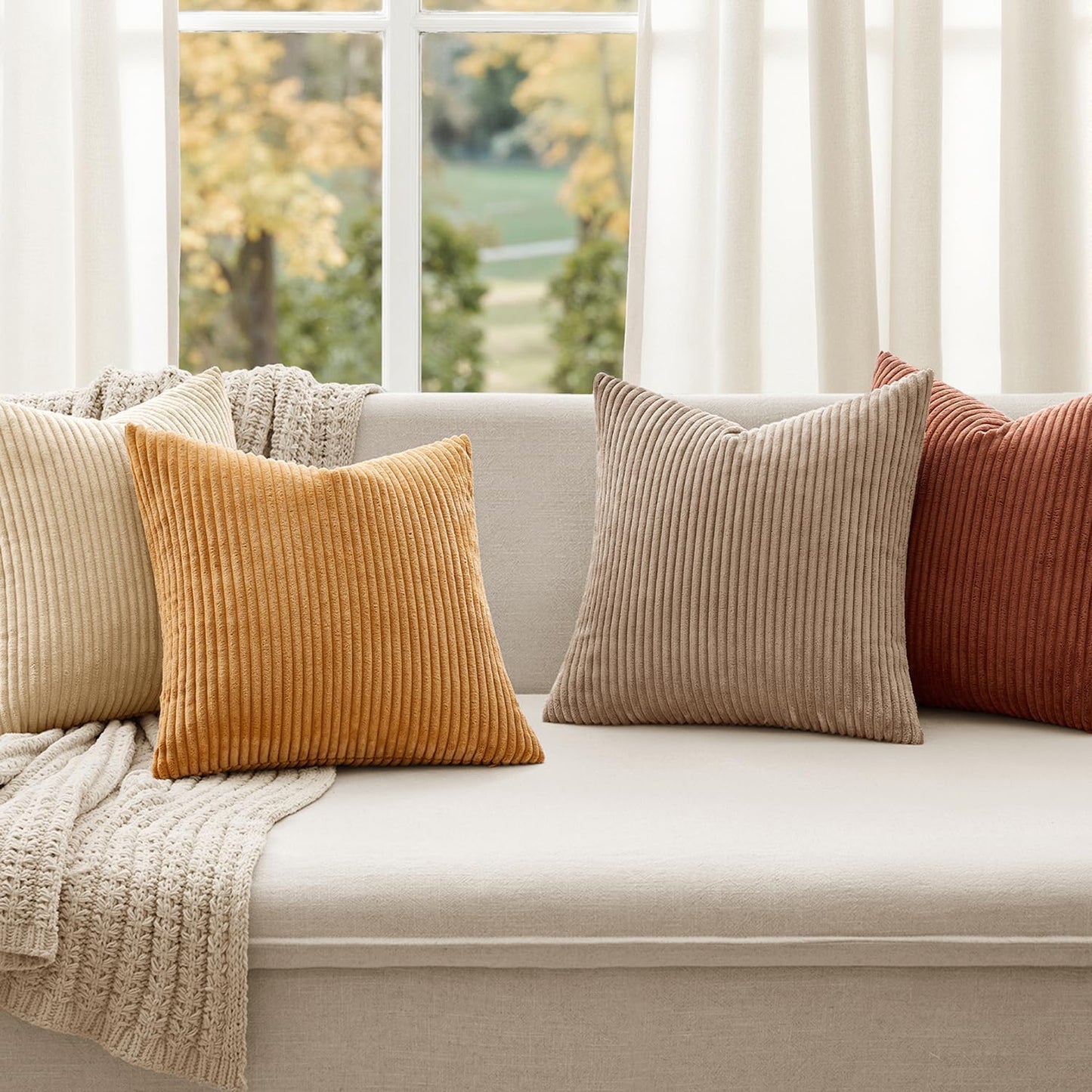 MIULEE Boho Farmhouse Sage Green Throw Pillow Covers 18x18 Inch Set of 4 Mordern Nordic Cushion Covers Soft Corduroy Spring Home Decor for Couch Bed Sofa Living Room Forest Green