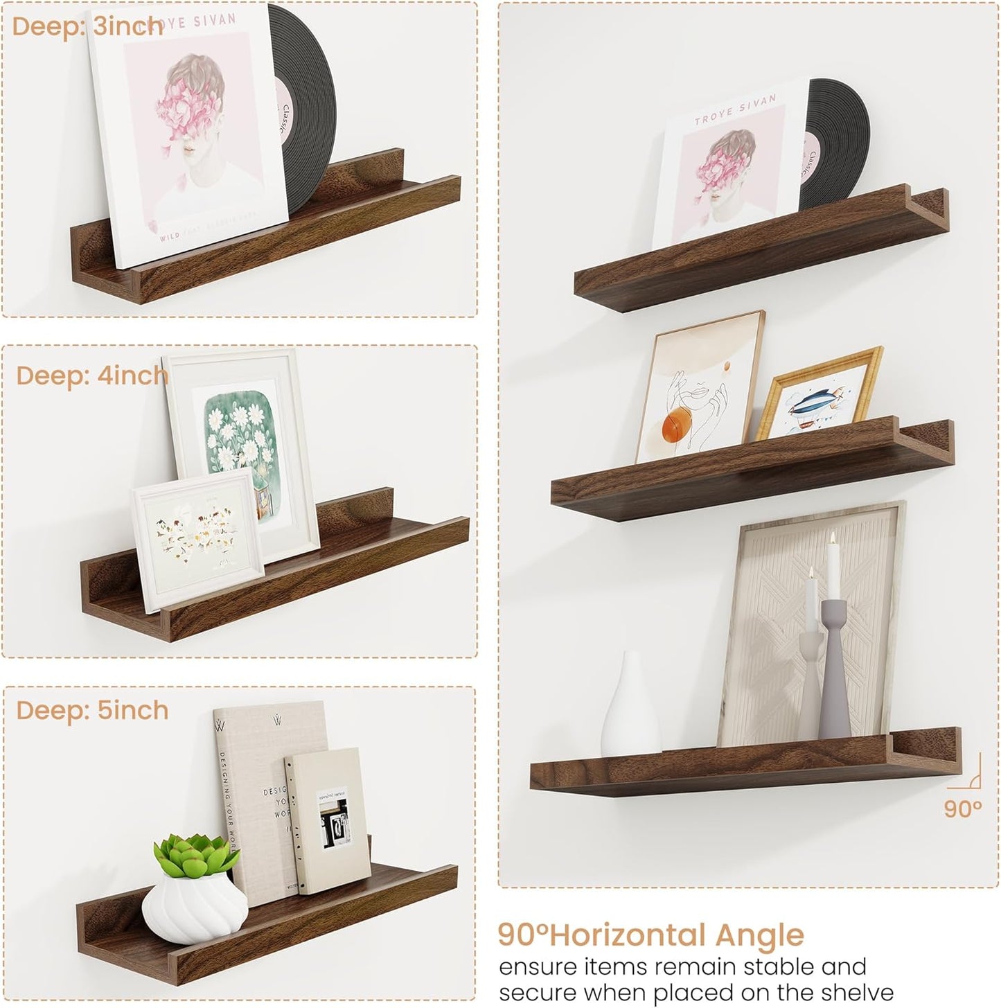 Acovy Picture Ledge Shelf Set of 6, 48 inch Long Large Floating Shelves for Wall with Lip, Wall Mounted Shelves for Living Room, Bedroom, Bathroom, Kitchen, Nursery,Oak