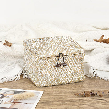 Hipiwe Seagrass Basket with Lid Wicker Storage Basket Square Handwoven Decorative Baskets Box for Shelf Multipurpose Household Baskets Home Decor,X-small