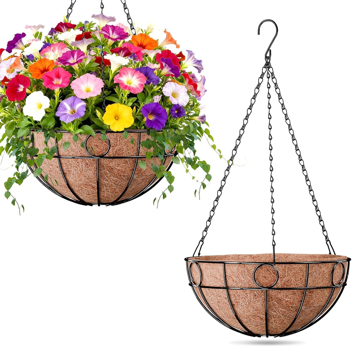 ZeeDix 2 Pack Round Hanging Baskets for Plants Outdoor, 12 Inch Metal Wire Planter Basket with Coco Liner, Hanging Flower Pots for Garden Yard Patio Porch Balcony Decor