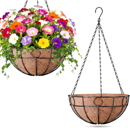 ZeeDix 2 Pack Round Hanging Baskets for Plants Outdoor, 12 Inch Metal Wire Planter Basket with Coco Liner, Hanging Flower Pots for Garden Yard Patio Porch Balcony Decor